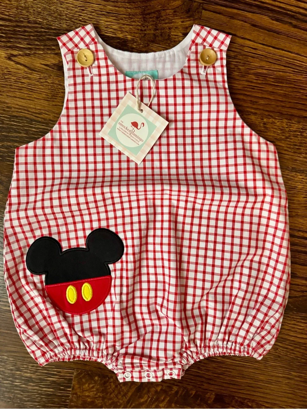 Smocked Flamingo Red Gingham Diaper Cover with Mickey Patch